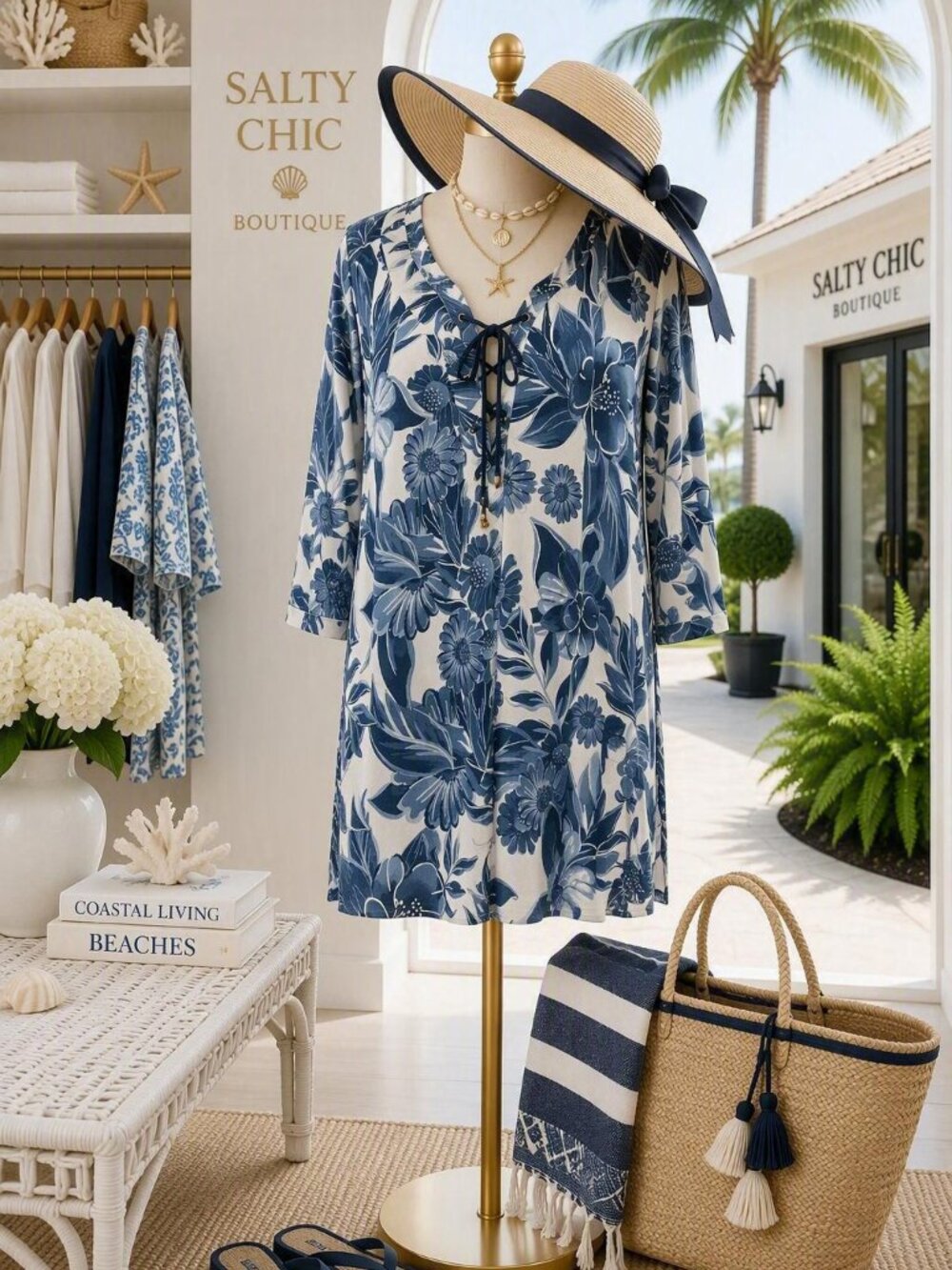 Beach Break Resort Blue Floral Lace-Up Women's Swim Coverup Tunic